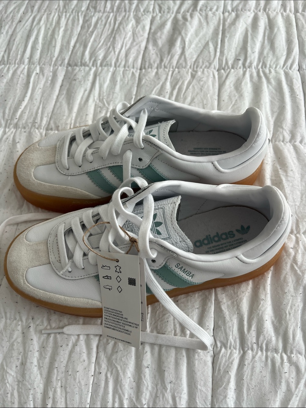 adidas White Sneakers with Mint Green Stripes and Gum Sole - Picture 2 of 6